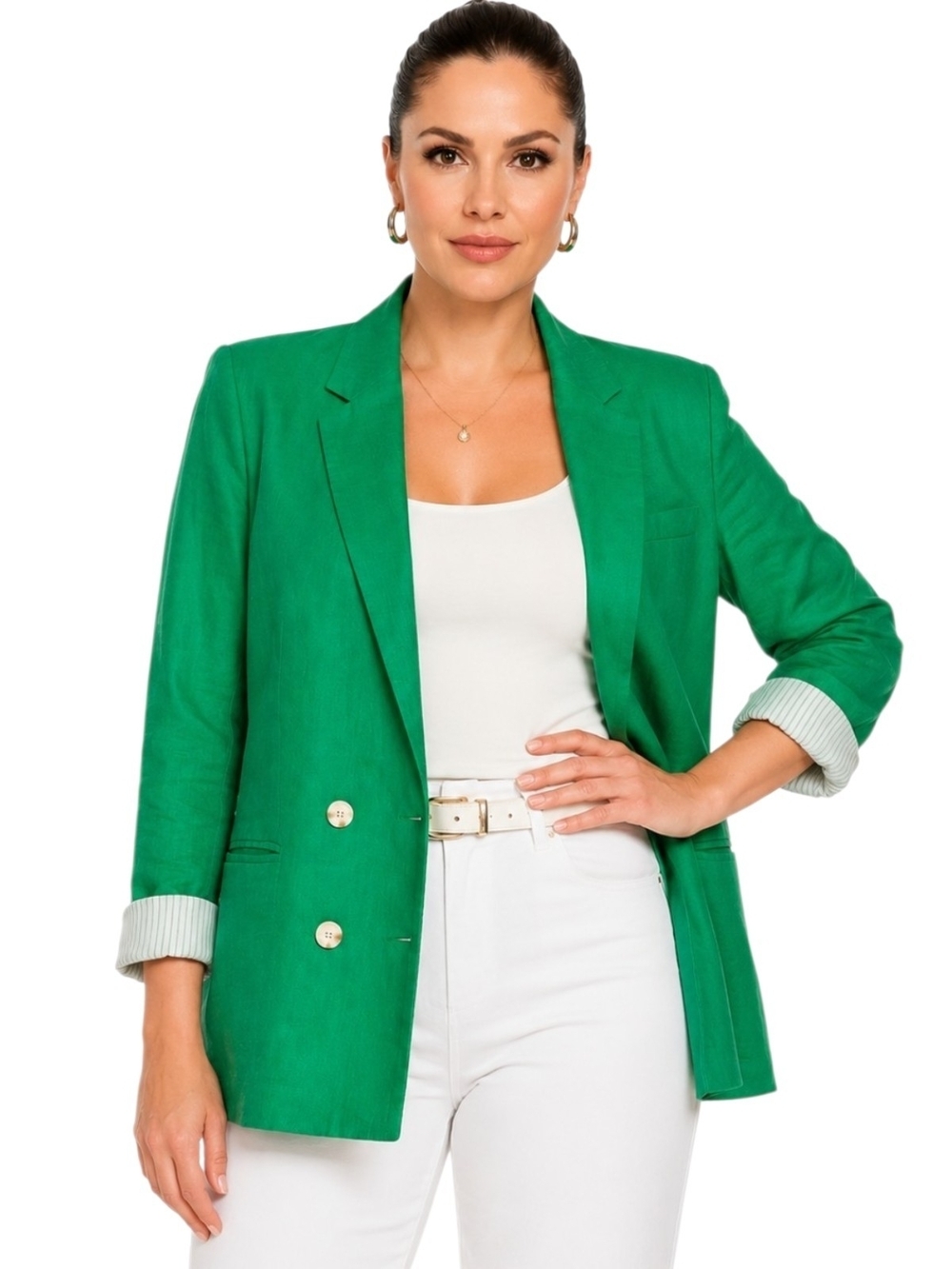 Women's Double-Breasted Linen Blend Blazer – Emerald Green. Size L/G.